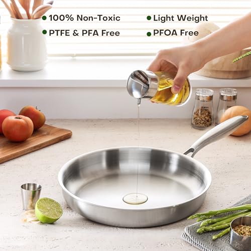 Kordichef 10 Inch Stainless Steel Frying Pan with Lid, Tri-Ply Healthy Stainless Steel Cookware, Pan, Skillet on Induction, Ceramic and Gas Cooktops, PFOA Free Cooking Pan, Dishwasher Safe