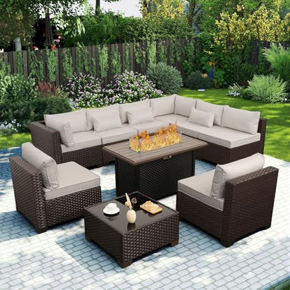 Rattaner 10 Pieces Outdoor Sectional All-Weather Wicker Patio Furniture Set Patio Sectional and Steel Fire Table and Glass Patio Table Non-Slip Cushions and Waterproof Covers, Beige