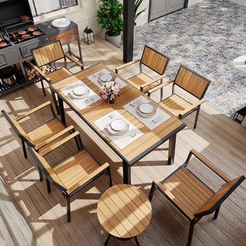 PATIOPIA 8-Piece Patio Dining Set, Outdoor Weather-Resistant Plastic-Wood Table & 6 Stackable Chairs, Outdoor Durable Aluminum Frame Furniture for Garden, Poolside, Backyard, Orange