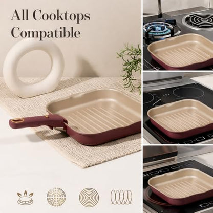 CAROTE 10 Inch Titanium Reinforced Nonstick Grill Pans for Steak, Non-Stick Grill Pans Sets with Detachable Handle, PFOS, PFOA Free, Gas & Induction Safe, All Stovetops Compatible, Burgundy