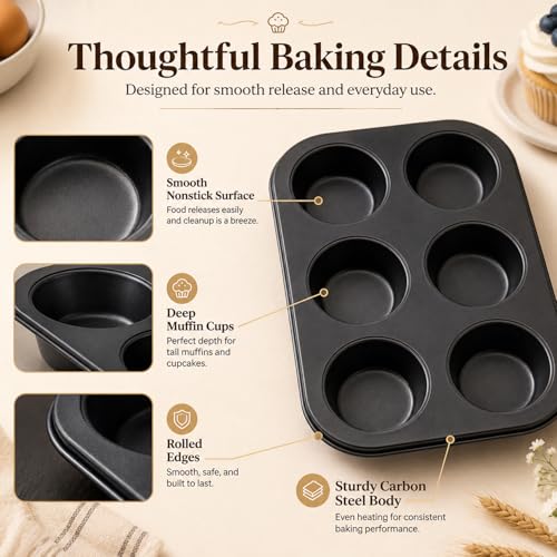AGIgear Premium Non-Stick Muffin Baking Pan,2Packs Cupcake Pan,Stainless steel 6-Cup Muffin Tin (Black)