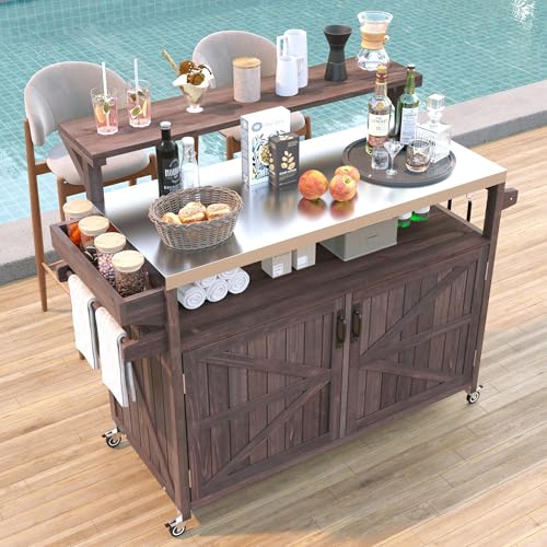 Merax 53.3" Outdoor Kitchen Island with Raised Shelf, Solid Wood Storage Cabinet with Stainless Steel Top, Rolling Grill Cart, Adjustable Shelf, Brown