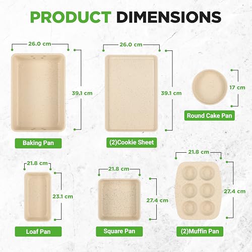 NutriChef 8-Piece Stackable Bakeware Set | Carbon Steel Non-Stick Baking Pan Set | Includes Sheet, Muffin, Round, Loaf, Square Cake & Deep Pans | No PFOA & PFOS | Oven Safe to 450 F | Marble Cream