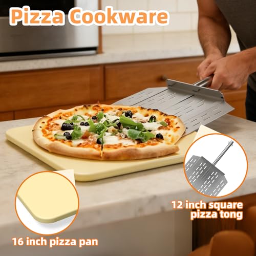 16 Inch Ceramic Pizza Stone with Pizza Peel, Universal Large Pizza Stone Set for Ninja FlexFlame Grill and Othe Oven Models, The Accessories for Ninja FlexFlame for Cooking Bread, Calzones and More