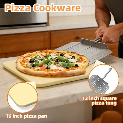 16 Inch Ceramic Pizza Stone with Pizza Peel, Universal Large Pizza Stone Set for Ninja FlexFlame Grill and Othe Oven Models, The Accessories for Ninja FlexFlame for Cooking Bread, Calzones and More