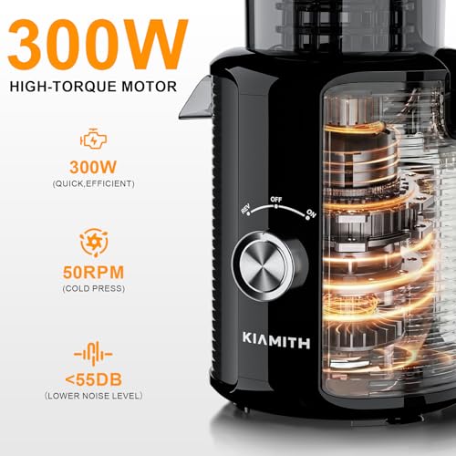 KIAMITH 300W Cold Press Juicer with 5.8" Extra-Large Feed Chute, Slow Masticating Juicer Machines for Fruits and Vegetables, High Juice Yield, Easy to Clean, Family Use, BPA Free (Black & Grey)