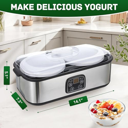 Yogurt Maker with Adjustable Temperature,Time Control,Digital Yogurt Maker Machine with 2 of ThemGlass Jars,Make Trillions of Live Probiotics,Wellness Gifts for Men Women (With Two 1-Quart Containers)