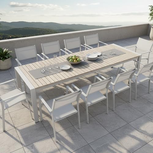 CikaCika Outdoor Patio Furniture Set 11 Piece, Extendable Patio Dining Table for 6-10 People and 10 Patio Dining Chairs with Armrest, All-Weather Aluminum Patio Dining Furniture Set for Garden Lawn