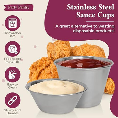 Party Pantry Stainless Steel Ramekins 24 Pack (1.5oz & 2.5oz) – Metal Dipping Sauce Cups, Condiment Cups, Small Metal Ramekins for Sauce, Ketchup, BBQ, Soy Sauce – Stackable Restaurant Portion Cups