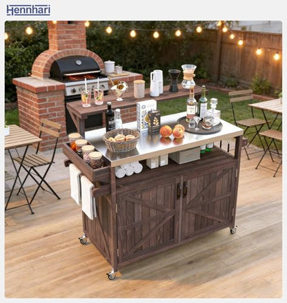Hennhari Outdoor Kitchen Island with Stainless Steel Top & Raised Shelf, Rolling Grill Cart with Spice & Towel Rack, Outdoor Island Table with Storage Cabinet & Hooks (Brown)