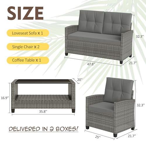 Shintenchi 4 Piece Patio Furniture Set, Outdoor Rattan Conversation Set with Coffee Table, Outside Wicker Sectional Sofa Couch with Cushion, Gray