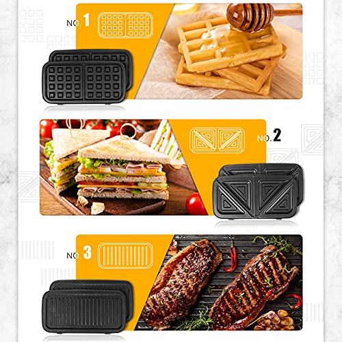 Waffle Maker with Removable Plates, 3-in-1 Sandwich maker and waffle and pancake maker, Nonstick Plates, 5-Level Browning Control & Ready Indicator Lights, Easy to Clean for Family Breakfast