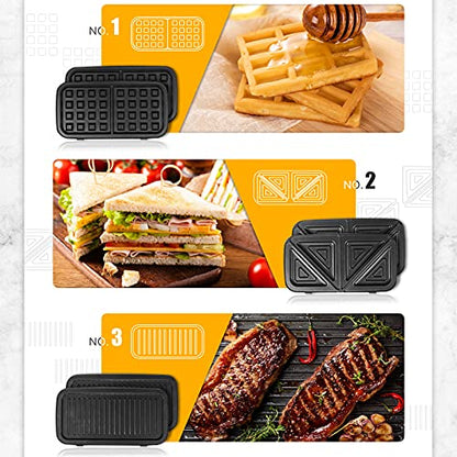 Waffle Maker with Removable Plates, 3-in-1 Sandwich maker and waffle and pancake maker, Nonstick Plates, 5-Level Browning Control & Ready Indicator Lights, Easy to Clean for Family Breakfast