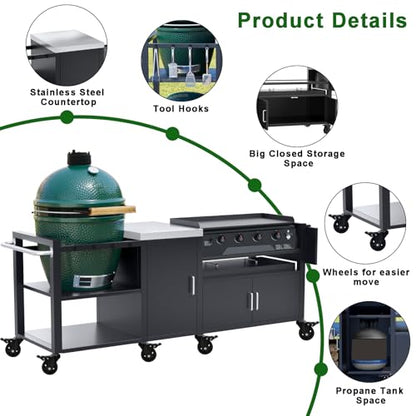 GDLF Outdoor Grill Cart for Big Green Egg& Blackstone Griddle, Metal Grill Table Compatible with Large Big Green Egg and 28"/36" Blackstone Griddle, Waterproof Cover Included