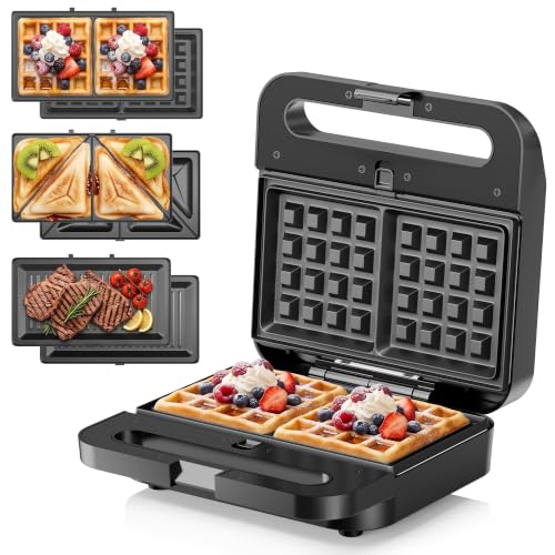 3 in 1 Electric Sandwich Maker with Removable Nonstick Plates - 1000W,Black