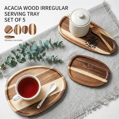 Okllen Set of 5 Small Acacia Wood Serving Platter and Trays, Irregular Oval Solid Wood Plates Serving Tray, Lightweight Wood Dinner Plates for Breakfast, Coffee, Tea, Snack, 6.3~11.7" L, 5.1~8.2" W