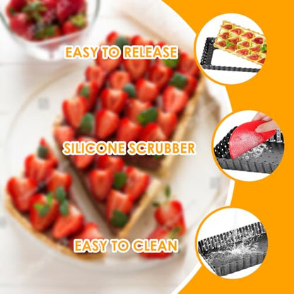 Quyimy Rectangle Tart Pan with Removable Bottom, 14 Inch Perforated Tart Quiche Pan Nonstick Pie Pan with Oil & Dish Brush, Baking Tray with Loose Bottom for Fluted Pies, Quiche,Tart