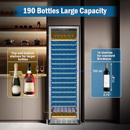 FoMup Wine Fridge 24 Inch, 190 Bottles Freestanding or Built-in Wine Cooler Refrigerator with Sliding Rail Shelves, Professional Wine Cellar Low Noise with Upgraded Reversible Door