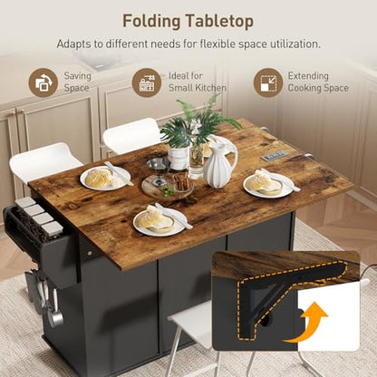 RALGEND Kitchen Island with Power Outlets & Drop Leaf, Kitchen Cart with Storage, Drawer and Spice Rack, Tower Rack, Island Table, Black and Rustic Brown