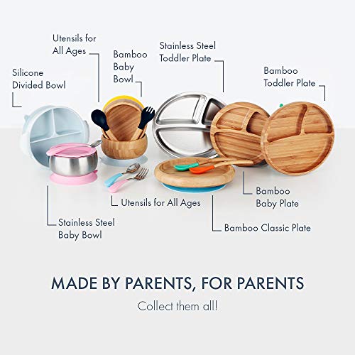 Avanchy Baby Spoons, Silicone Baby Spoons for Self Feeding, Toddler & Infant Spoons 4+ Months, Baby Led Weaning Utensils, Soft Tip Feeding Spoons, BPA Free Bamboo Handle, 5 Pack Blue