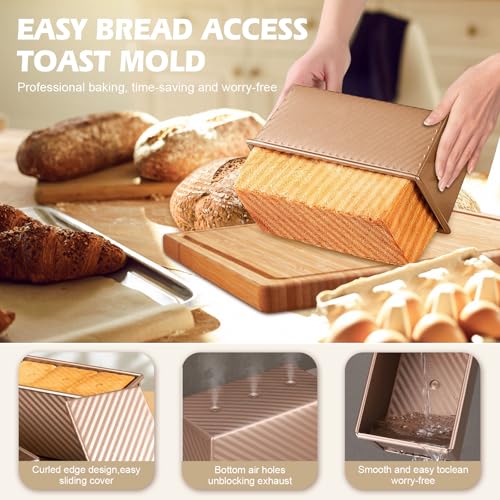 Dipanist 2Pack Pullman Loaf Pans with Lids – 2.2 LB & 1 LB Dough Capacity, Non-Stick Carbon Steel Bread Pans for Homemade Sandwich and Sourdough Bread, Corrugated Toast Mold