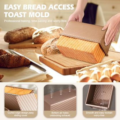 Dipanist 2Pack Pullman Loaf Pans with Lids – 2.2 LB & 1 LB Dough Capacity, Non-Stick Carbon Steel Bread Pans for Homemade Sandwich and Sourdough Bread, Corrugated Toast Mold