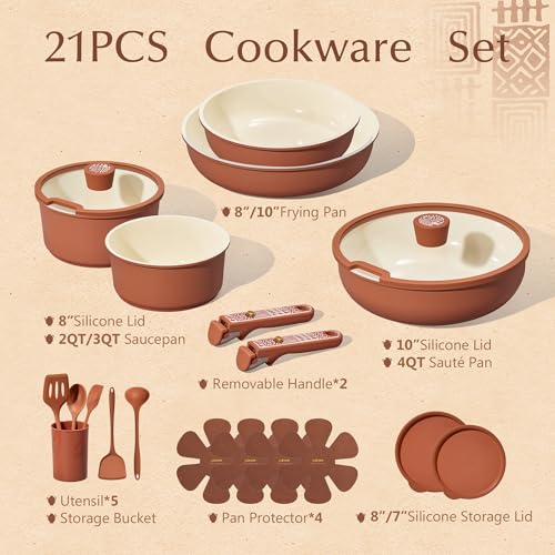 CAROTE 21-Piece Ceramic Cookware Set, Nonstick Pots and Pans Set with Detachable Handle, Non-Toxic Kitchen Cooking Set, Induction Compatible, Dishwasher & Oven Safe, Terracotta