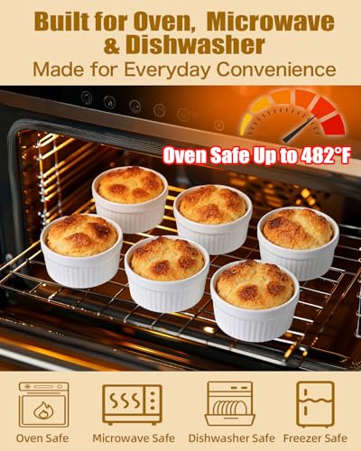 KITCHENLESTAR 7 oz Ramekins Set of 6, Oven Safe Porcelain Ramekin Bowls for Creme Brulee, Souffle & Custard, Dessert Cups & Dipping Sauce Dishes, Stackable, Soft White