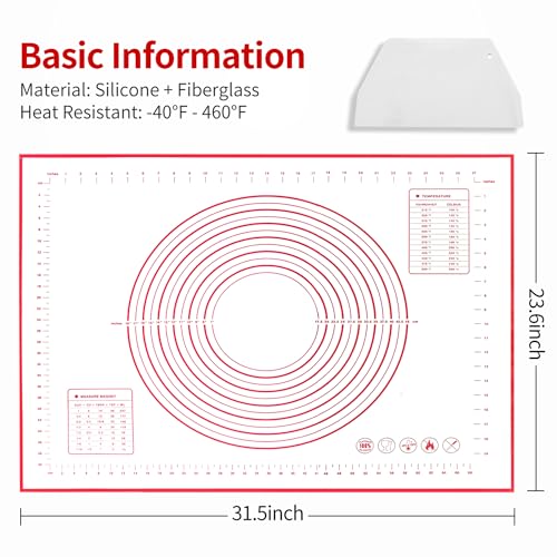 Silicone Baking Mat Super Large, 32x24 inch Silicone Pastry Non Stick Kneading Mat with Cable Ties and Dough Scraper, Measurement Food Grade Silicone Mat for Rolling Dough