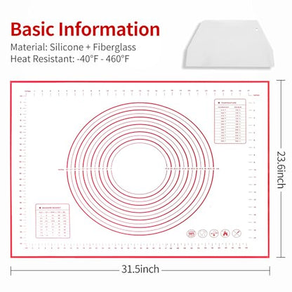 Silicone Baking Mat Super Large, 32x24 inch Silicone Pastry Non Stick Kneading Mat with Cable Ties and Dough Scraper, Measurement Food Grade Silicone Mat for Rolling Dough