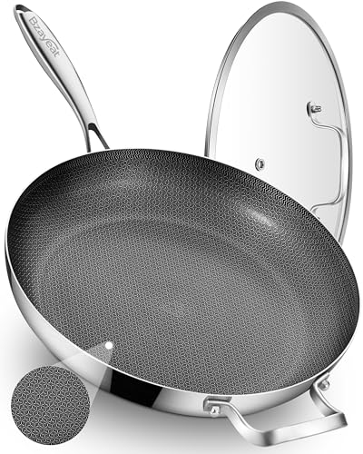 Bzayeat 13-Inch Nonstick Hybrid Frying Pan with Lid, Ceramic Coated Tri-Ply Stainless Steel Induction Chef's Pan, Large Skillet, PFOA Free, Oven & Dishwasher Safe for All Stoves, Detachable Handle