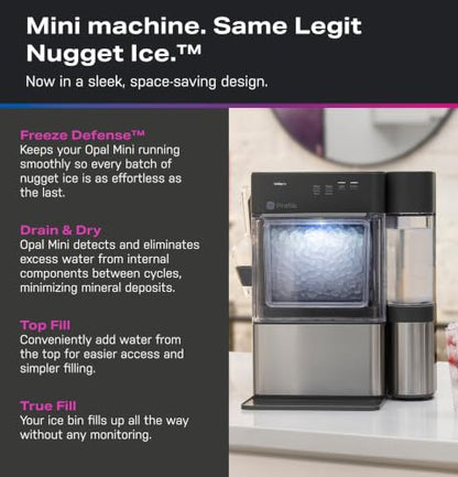 GE Profile Opal MINI PRO Nugget Ice Maker w/Side Tank, Portable Countertop Pebble Ice Machine, 36 lbs/Day, Top Fill, 6 Pack Descaler & Scoop, Stainless Steel