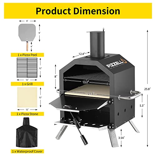 PIZZELLO Outdoor Wood Fired Pizza Maker 2-Layer with Pizza Stone, Peel & Rack - Waterproof Cover & Folding Legs for Camping, BBQ & Gifts (26 Inch)