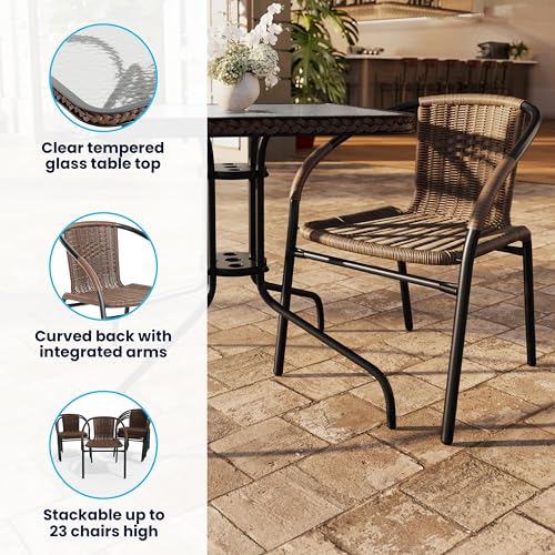 Flash Furniture Lila 3-Piece 28" Square Indoor/Outdoor Patio Table and Chairs Set, Glass Metal Bistro Table and 2 Stacking Rattan Chairs, Brown