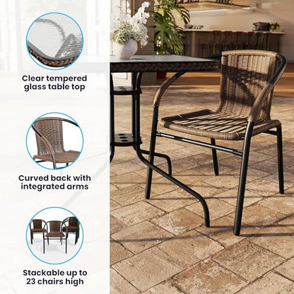 Flash Furniture Lila 3-Piece 28" Square Indoor/Outdoor Patio Table and Chairs Set, Glass Metal Bistro Table and 2 Stacking Rattan Chairs, Brown