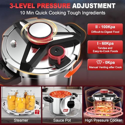 18/8 Stainless Steel Pressure Cooker 10 Quart, [One-Hand Locking] Pressure Cooker, [3-In-1] Olla de Presion, Induction Compatible, Gas Stovetop Compatible,Includes Glass Lid & Steamer Rack