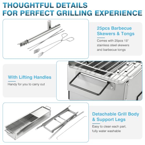 IRONWALLS Portable Charcoal Grill Foldable with Skewer, 32"(L)x8"(W)x32"(H)