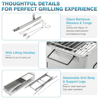IRONWALLS Portable Charcoal Grill Foldable with Skewer, 32"(L)x8"(W)x32"(H)