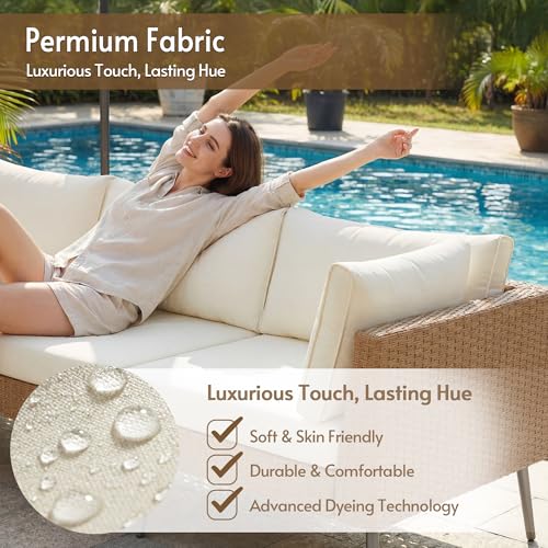 Rotihom 8-Piece Tight Weave Outdoor Patio Sectional, Luxe Outdoor Sofa with Premium Polyester & Ergonomic Design, All-Weather Patio Furniture Set for Backyard, Garden, Poolside (Beige)
