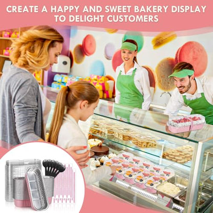 YQER 100 Pack Mini Loaf Pans with Lids and Spoons Sealing Sticker, 6.8oz Mini Cake Pans for Baking, Disposable Aluminum Foil Loaf Pans, Pink Loaf Baking Pans, Small Cake Containers With Lids
