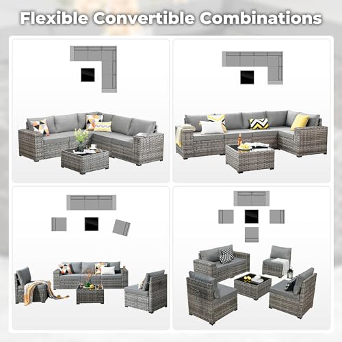 ovios 6 Pieces Patio Furniture Set, Outdoor Wicker Sectional Sofa with Coffee Table Comfy Cushions, Modern Modular Deep Seat Couch Rattan Conversation Set, Dark Grey