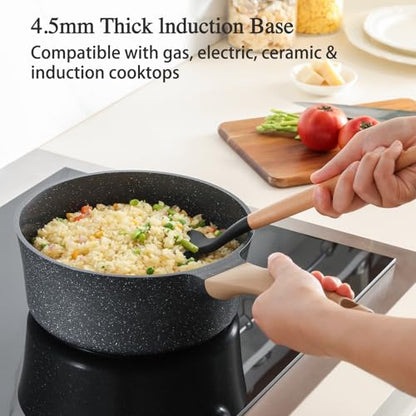AnimoZest Nonstick Saucepan with Lid, 2 Quart German Greblon Ceramic Sauce Pan, Non Toxic Sauce Pot with Cover for Multipurpose Use, PTFE, PFOA & PFAS Free, Induction Compatible.