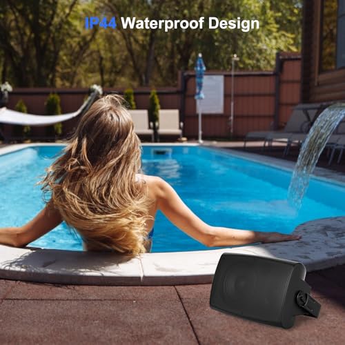 Herdio 4" Passive Outdoor Speakers Waterproof Wired, 200W Wall Mount Speakers with Superior Sound,Dual Swivel Brackets for Patio/Deck/Backyard (Pair, Black)