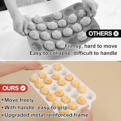 CAKETIME Mini Muffin Pan, Metal Reinforced Frame Mini Cupcake Pans 24 Cups Nonstick Muffin Silicone Molds with Handle for Baking Muffins, Cupcakes, Egg Bites 2 Pack