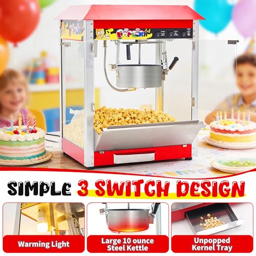 Commercial Popcorn Machine, 10 Oz Kettle, 1300W Countertop Popcorn Maker for 60 Cups per Batch, Movie Theater Popcorn Popper with 3-Switch Control, 2 Scoops 1 Cup (21.3"L * 14.4"W * 26"H)