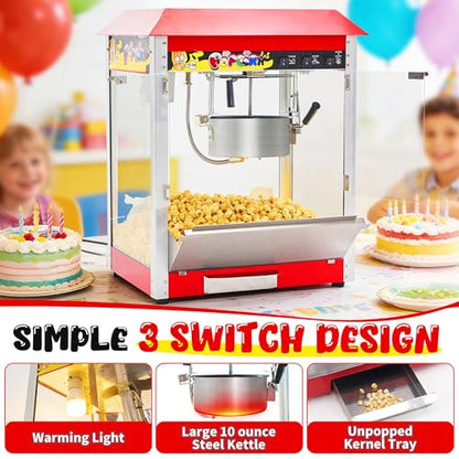 Commercial Popcorn Machine, 10 Oz Kettle, 1300W Countertop Popcorn Maker for 60 Cups per Batch, Movie Theater Popcorn Popper with 3-Switch Control, 2 Scoops 1 Cup (21.3"L * 14.4"W * 26"H)