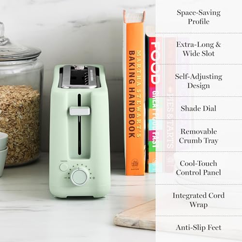 Martha Stewart 2 Slice Long Slot Toaster, Extra Wide for Sourdough & Bagels, 10 Setting Shade Control, Removable Crumb Tray, Self-Centering Design, Defrost/Reheat, Cancel, Slim Space-Saving, Honeydew