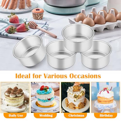 P&P CHEF Cake Pan Set of 4, Stainless Steel Baking Round Cake Pans Tins Bakeware for Birthday Wedding, Leak-proof & Easy Clean, Mirror Finish & Easy Releasing, 4 Inch