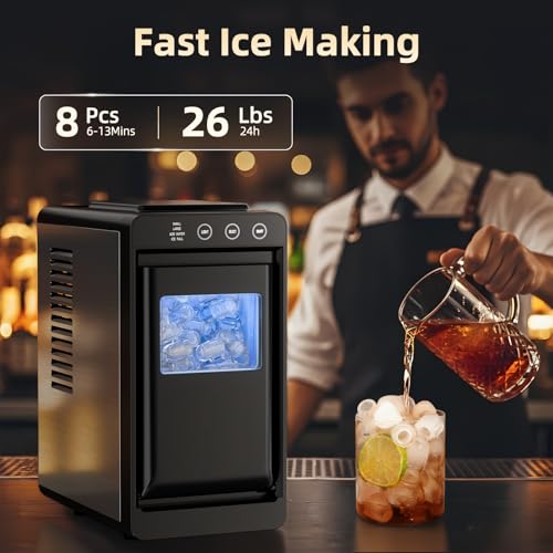 Countertop Portable Ice Maker, 8 Cubes in 6 Mins Fast Ice Making, 26Lbs Ice Per Day Auto Self-Cleaning Ice Machine with Ice Basket & Scoop, Compact Mini Ice Maker for Home Kitchen Office Bar RV Travel