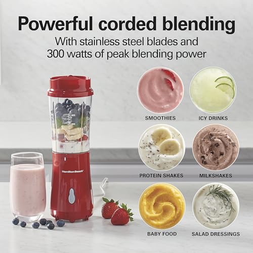 Hamilton Beach Portable Blender for Shakes and Smoothies, 14 Oz BPA Free Travel Cup & Lid, Durable Stainless Steel Blades, Personal Smoothie Blender, Red (51101RV)